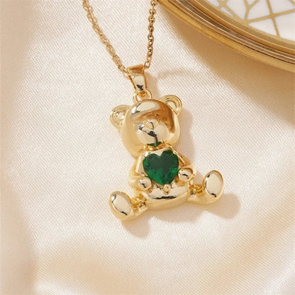 304 Stainless Steel Copper K Gold Plated Cute Sweet Korean Style Three-dimensional Inlay Little Bear Zircon Pendant Necklace
