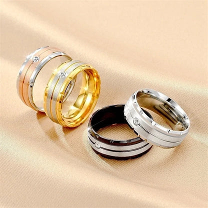 Modern Style Minimalist Round Titanium Steel Artificial Diamond 18K Gold Plated Inlay Wide Band Ring