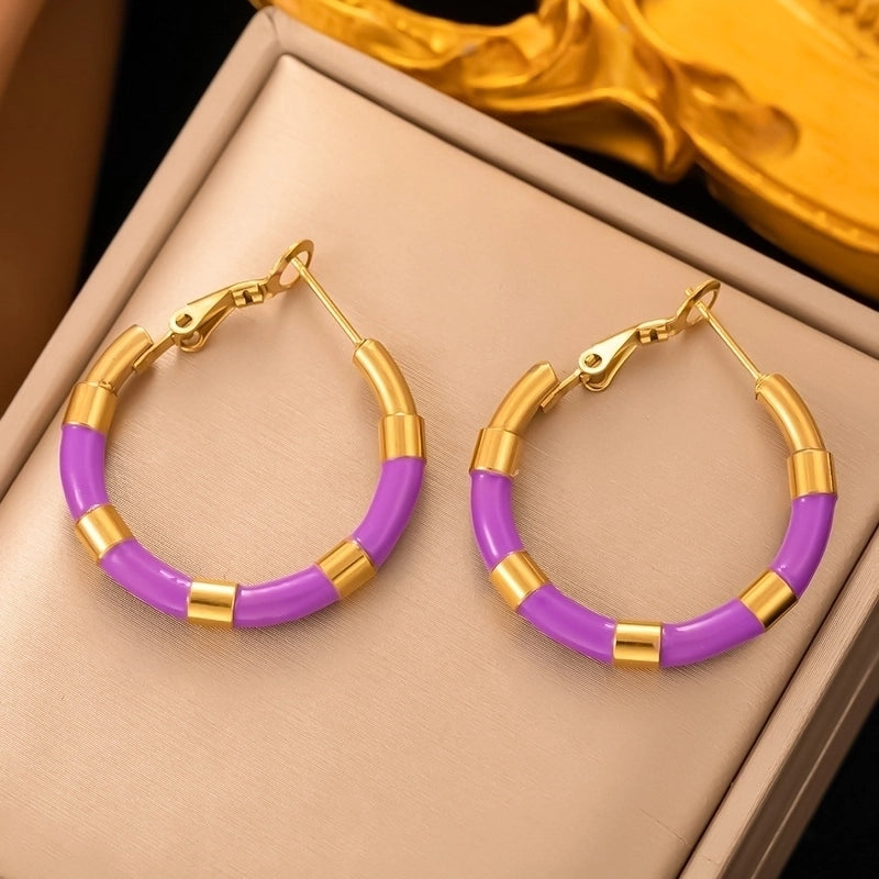 1 Pair Elegant Round Enamel Plating 304 Stainless Steel 18K Gold Plated Hoop Earrings