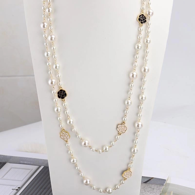 Sweet Minimalist Flower Imitation Pearl Alloy Beaded Enamel Women's Long Necklace