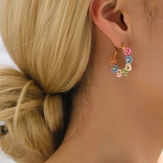 1 Pair Vacation Flower Plating 201 Stainless Steel Plastic 18K Gold Plated Hoop Earrings