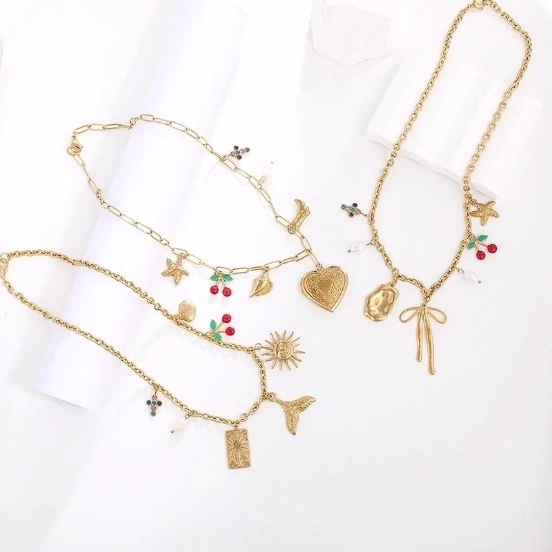 Vintage Style Classic Style Cross Cherry Fish Tail 304 Stainless Steel Rhinestones 18K Gold Plated Asymmetrical Multi Charms Necklace