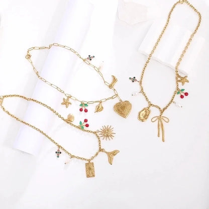 Vintage Style Classic Style Cross Cherry Fish Tail 304 Stainless Steel Rhinestones 18K Gold Plated Asymmetrical Multi Charms Necklace