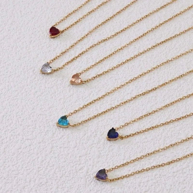 Sweet Minimalist Commute Heart Shape 304 Stainless Steel Rhinestones Birthstone 18K Gold Plated Inlay Necklace