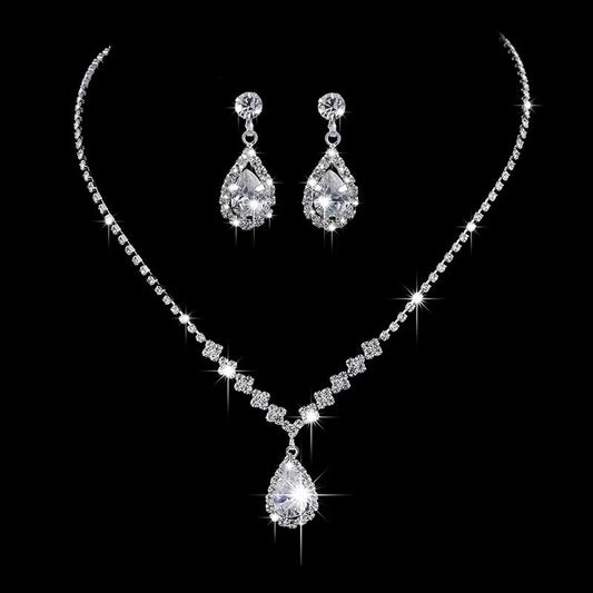 Fashion Claw Chain Rhinestone Zircon Angel Tear Drop Necklace Earrings Bridal Jewelry Set