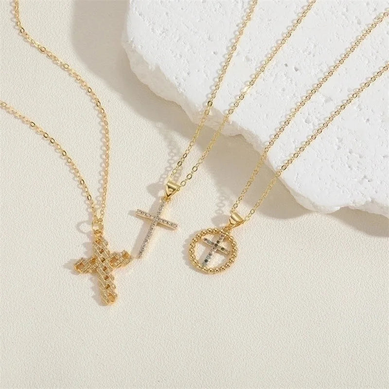 Vintage Style Minimalist Cross Copper 14k Gold Plated Zircon Pendant Necklace In Bulk
