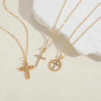 Vintage Style Minimalist Cross Copper 14k Gold Plated Zircon Pendant Necklace In Bulk