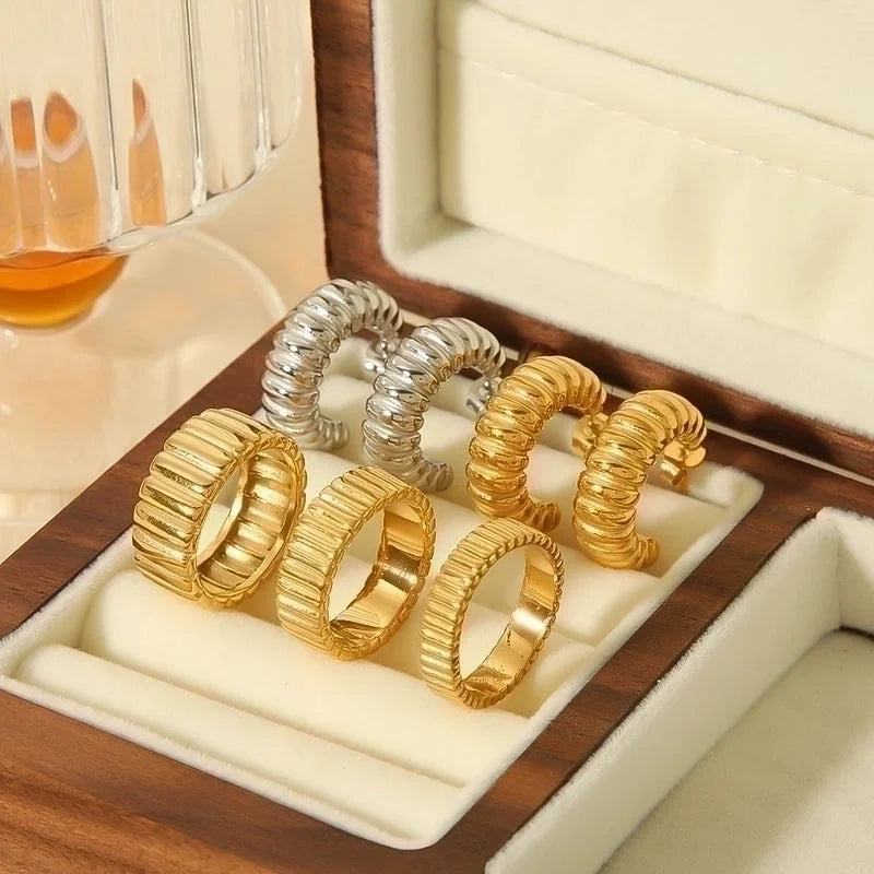 304 Stainless Steel 18K Gold Plated Retro Roman Style Plating Circle Gear Rings Earrings