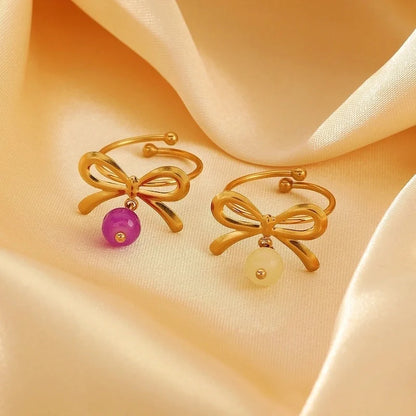 Sweet Minimalist Cherry Bow Knot 304 Stainless Steel Rings Earrings