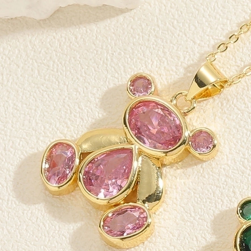 Minimalist Little Bear Copper Plating Inlay Zircon 14k Gold Plated Pendant Necklace