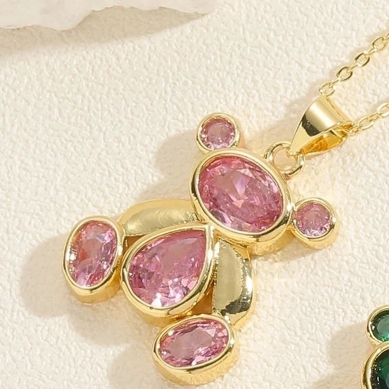 Minimalist Little Bear Copper Plating Inlay Zircon 14k Gold Plated Pendant Necklace