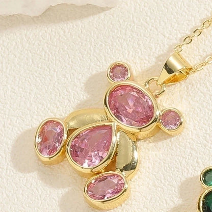 Minimalist Little Bear Copper Plating Inlay Zircon 14k Gold Plated Pendant Necklace