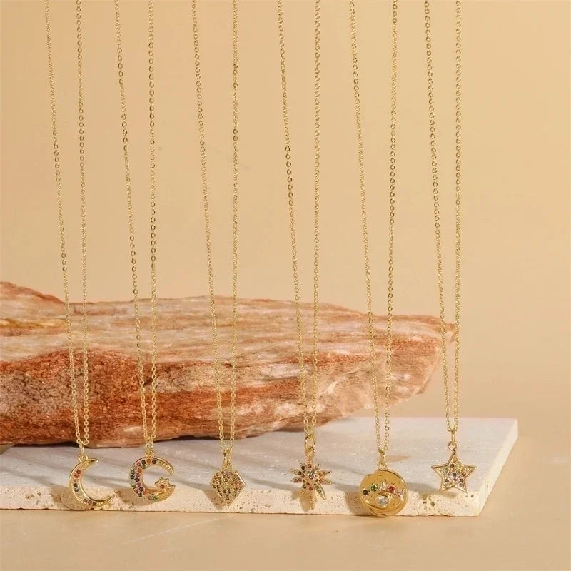 Copper 14K Gold Plated Vintage Style Minimalist Commute Inlay Star Moon Zircon Pendant Necklace