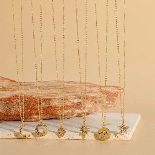 Copper 14K Gold Plated Vintage Style Minimalist Commute Inlay Star Moon Zircon Pendant Necklace