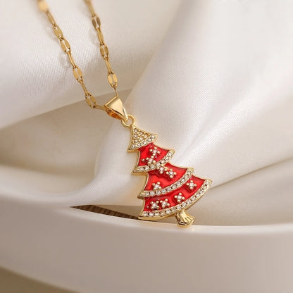 Copper Fish Mouth Chain 18K Gold Plated Enamel Inlay Christmas Tree Zircon Pendant Necklace