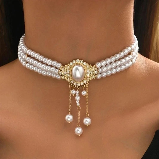 Elegant Lady Oval Imitation Pearl Inlay Rhinestones Gold Plated Women's Choker