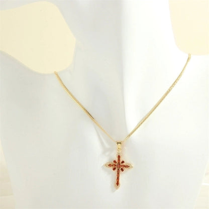 Minimalist Cross Copper 18k Gold Plated Zircon Pendant Necklace In Bulk