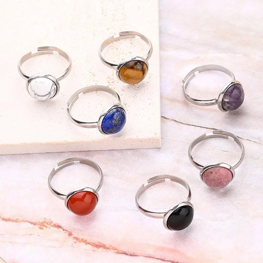 Minimalist Round Solid Color 304 Stainless Steel Natural Stone Crystal Agate Lapis Lazuli Polishing Inlay Adjustable Ring