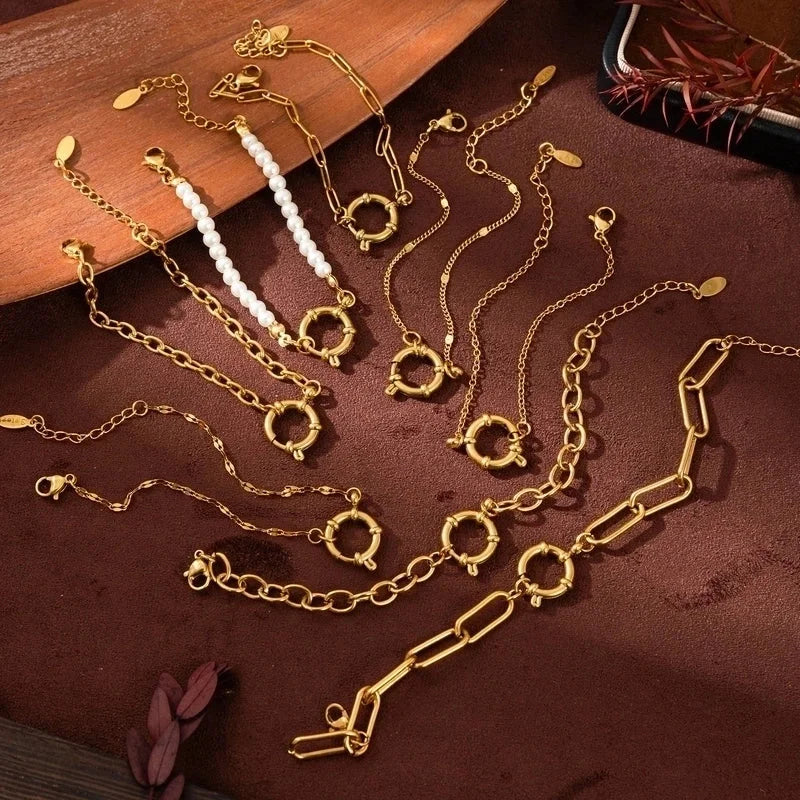 Minimalist Circle 201 Stainless Steel 304 Stainless Steel 18K Gold Plated Zircon Beaded Chain Paperclip Chain Bracelets In Bulk