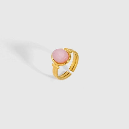 304 Stainless Steel Natural Stone 18K Gold Plated Retro Plating Inlay Oval Natural Stone Open Rings