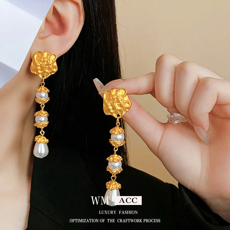 Medieval Pearl Geometric Copper Electroplating Earrings