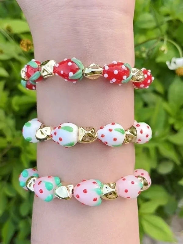 Casual Vacation Fruit Strawberry Copper 18K Gold Plated Polishing Enamel Plating Bracelets