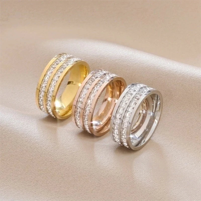 Minimalist Round Titanium Steel Inlay Zircon Rings