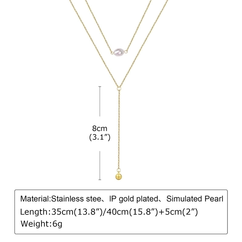 Minimalist Classic Style Solid Color 201 Stainless Steel Artificial Pearls Zircon 18K Gold Plated Layered Long Necklace