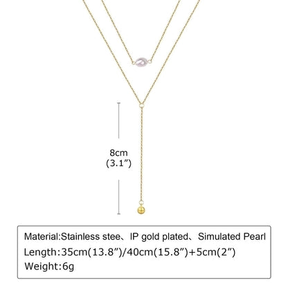 Minimalist Classic Style Solid Color 201 Stainless Steel Artificial Pearls Zircon 18K Gold Plated Layered Long Necklace