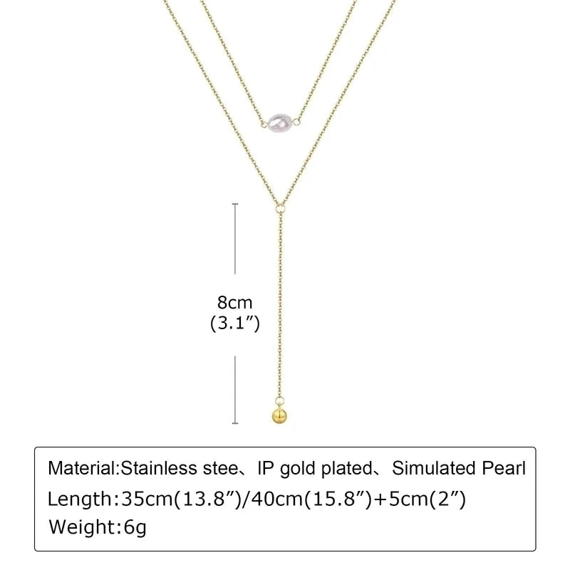 Minimalist Classic Style Solid Color 201 Stainless Steel Artificial Pearls Zircon 18K Gold Plated Layered Long Necklace