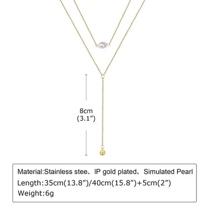 Minimalist Classic Style Solid Color 201 Stainless Steel Artificial Pearls Zircon 18K Gold Plated Layered Long Necklace