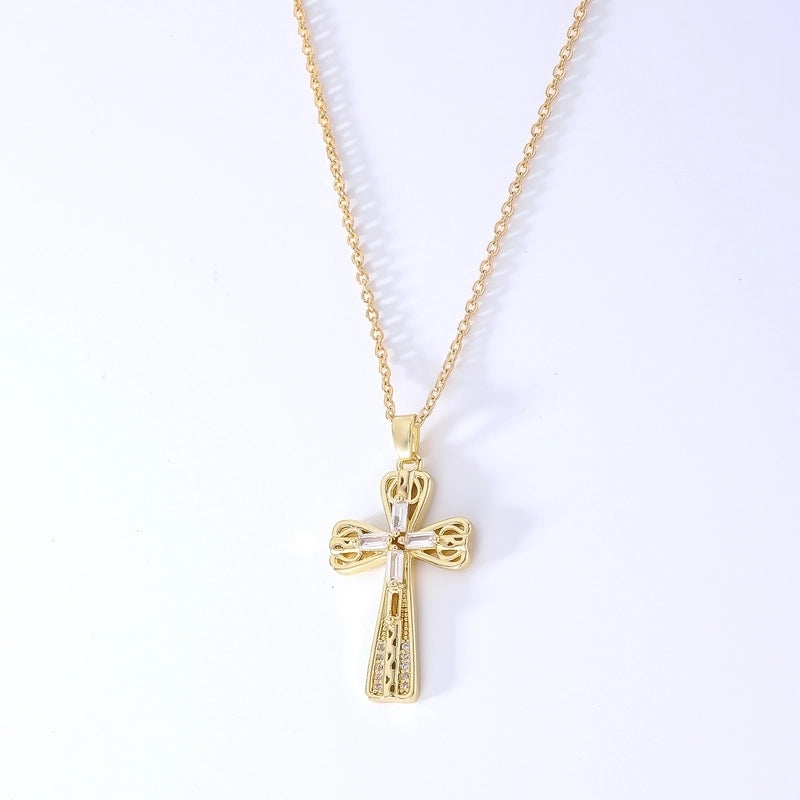 Hip-Hop Retro Cross 304 Stainless Steel Copper Plating Inlay K Gold Plated Zircon Pendant Necklace