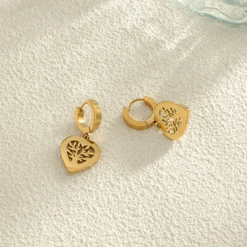 1 Pair Minimalist Heart Shape Life Tree Plating Inlay Titanium Steel Shell 18K Gold Plated Drop Earrings