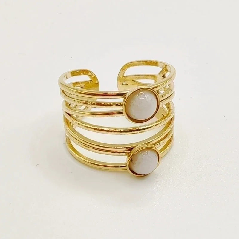 Minimalist Round 304 Stainless Steel Natural Stone 14K Gold Plated Plating Inlay Open Rings
