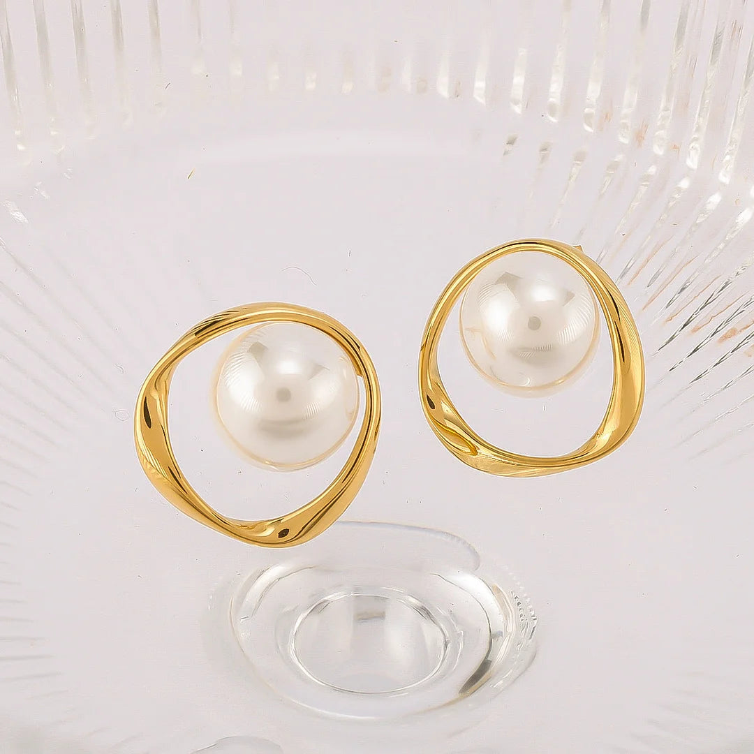IG Style Pearl Circle Geometric Stainless Steel Electroplating Earrings