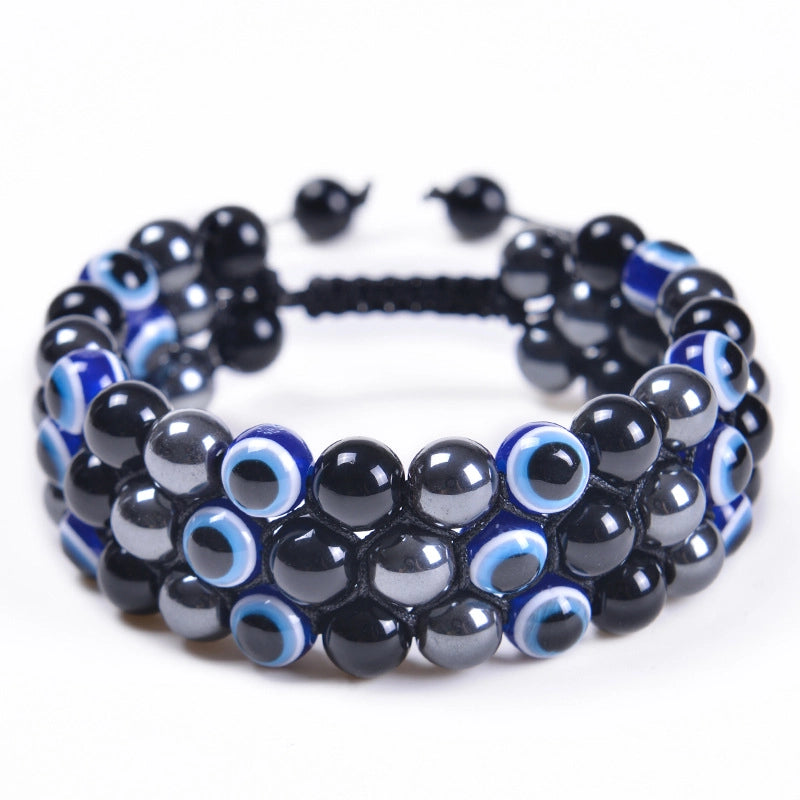 Fashion Bracelet Natural Blue Tiger Eye Handmade Woven Evil Eye Bracelet Men's Three-layer Bracelet