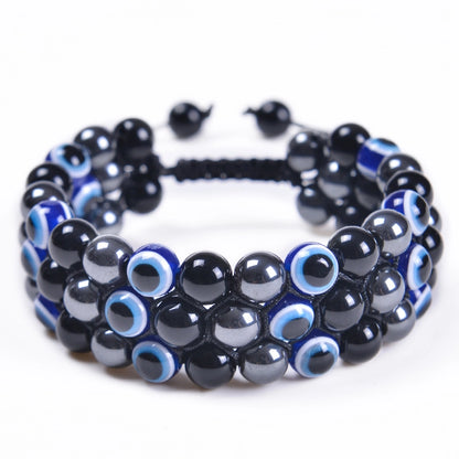 Fashion Bracelet Natural Blue Tiger Eye Handmade Woven Evil Eye Bracelet Men's Three-layer Bracelet
