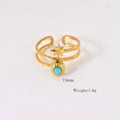 Retro French Style Eight Awn Star Geometric Titanium Steel Natural Stone Open Rings In Bulk
