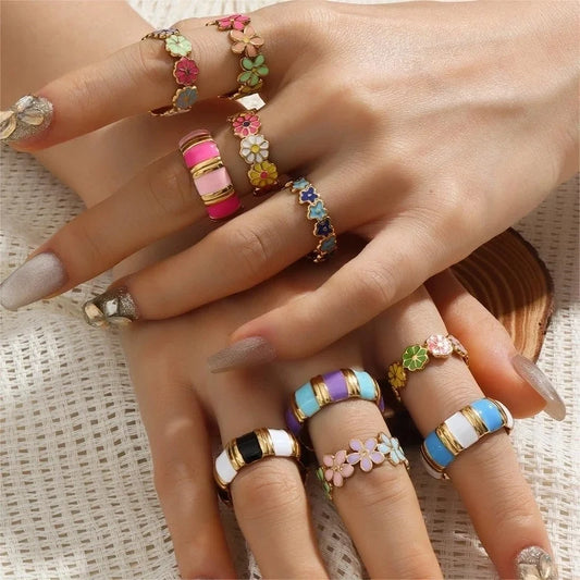 Retro Sweet Stripe Flower 304 Stainless Steel Enamel Open Rings
