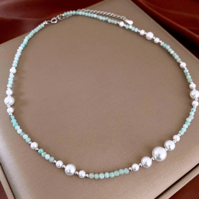 Natural Stone Freshwater Pearl Minimalist Beaded Geometric Necklace