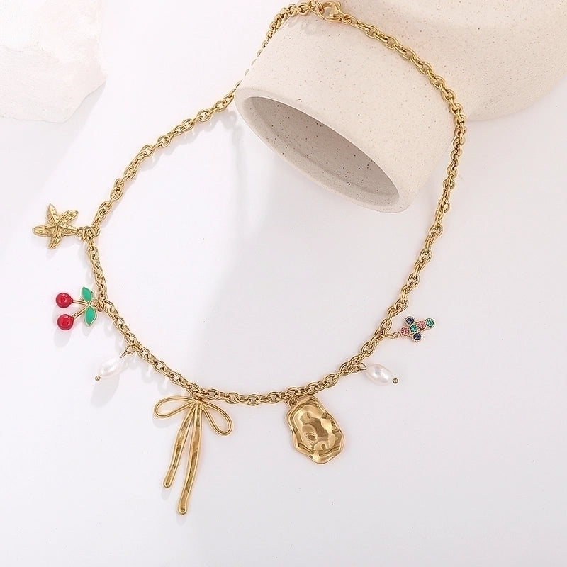Vintage Style Classic Style Cross Cherry Fish Tail 304 Stainless Steel Rhinestones 18K Gold Plated Asymmetrical Multi Charms Necklace