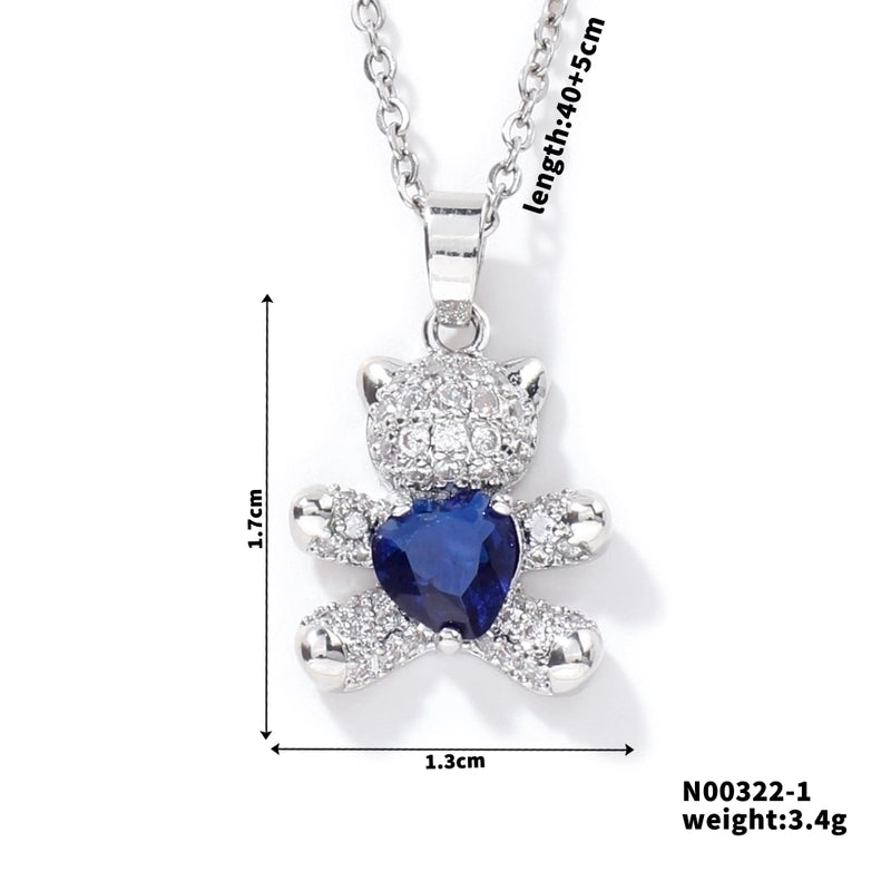 304 Stainless Steel Copper Rhodium Plated Inlay Bear Heart Shape Glass Zircon Pendant Necklace