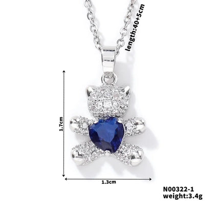 304 Stainless Steel Copper Rhodium Plated Inlay Bear Heart Shape Glass Zircon Pendant Necklace