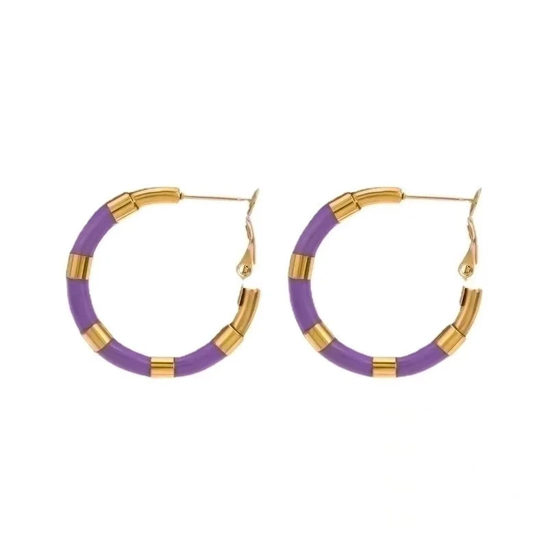 1 Pair Elegant Round Enamel Plating 304 Stainless Steel 18K Gold Plated Hoop Earrings