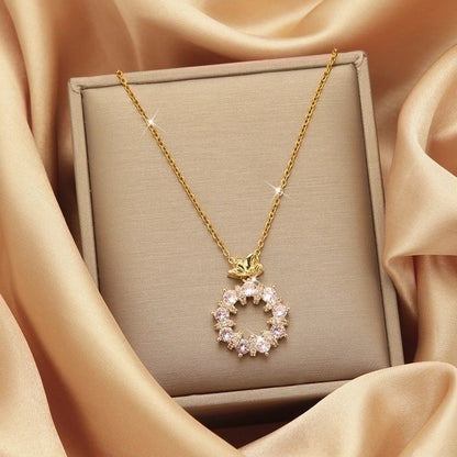 2 Pieces Vintage Style Heart Shape Flower Bow Knot Titanium Steel Copper Tassel Plating Inlay Zircon Pendant Necklace