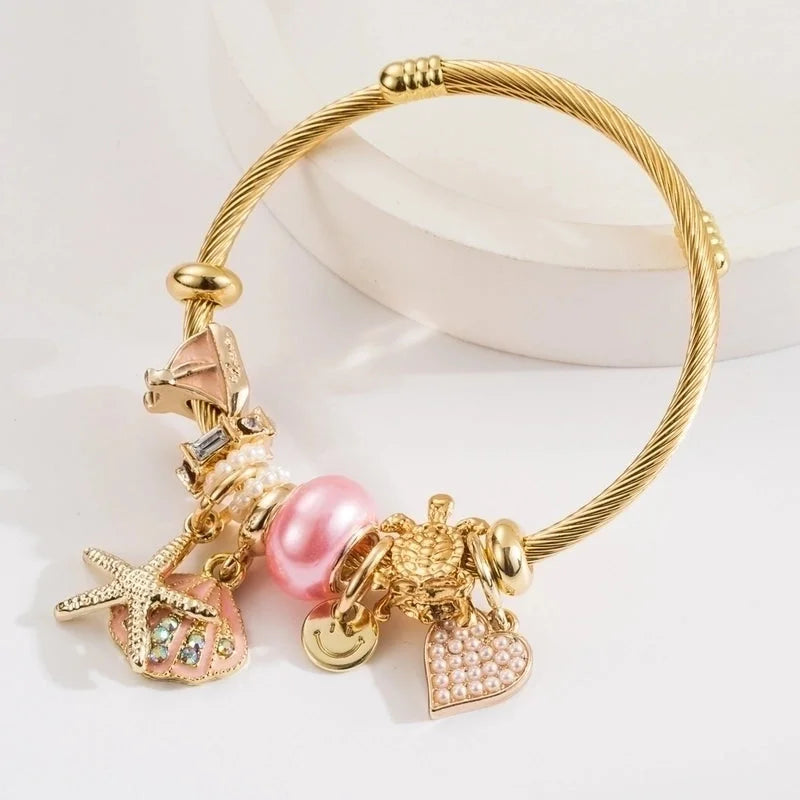 Casual Vacation Classic Style Shell Gold Plated Rhinestones Pearl 304 Stainless Steel Alloy Bangle