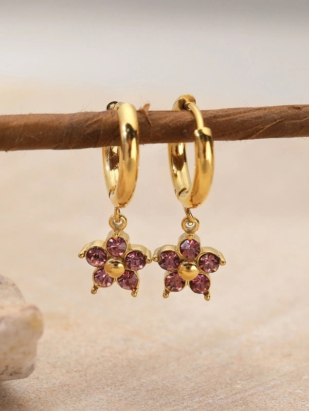 1 Pair Elegant Flower Plating Inlay 304 Stainless Steel Rhinestones 18K Gold Plated Drop Earrings