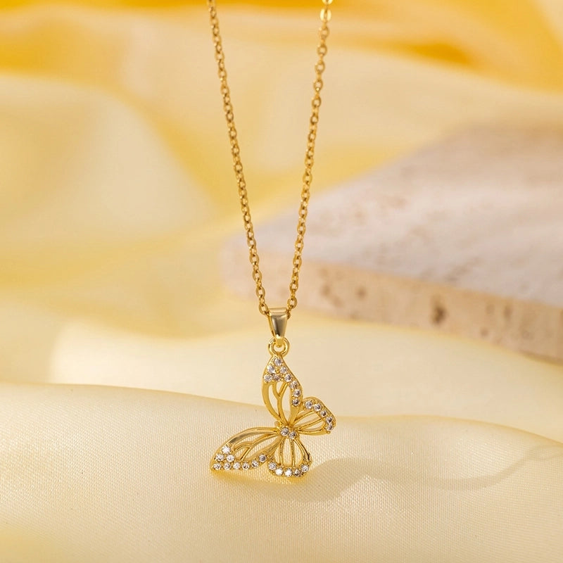 Titanium Steel Copper Plating Heart Shape Flower Bow Knot Pendant Necklace