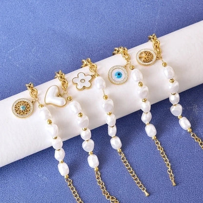 Sweet Geometric Devil's Eye Heart Shape 304 Stainless Steel 18K Gold Plated Artificial Pearls Rhinestones Shell Bracelets In Bulk