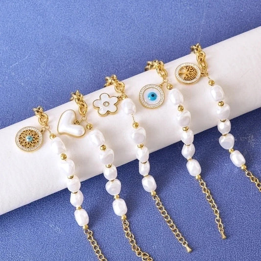 Sweet Geometric Devil's Eye Heart Shape 304 Stainless Steel 18K Gold Plated Artificial Pearls Rhinestones Shell Bracelets In Bulk